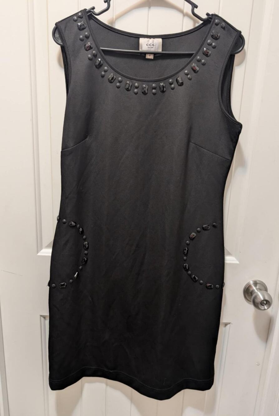 ECI NYC Hand Beaded Stretch Knit Sleeveless Sexy Black Sheath Dress Work Size 12